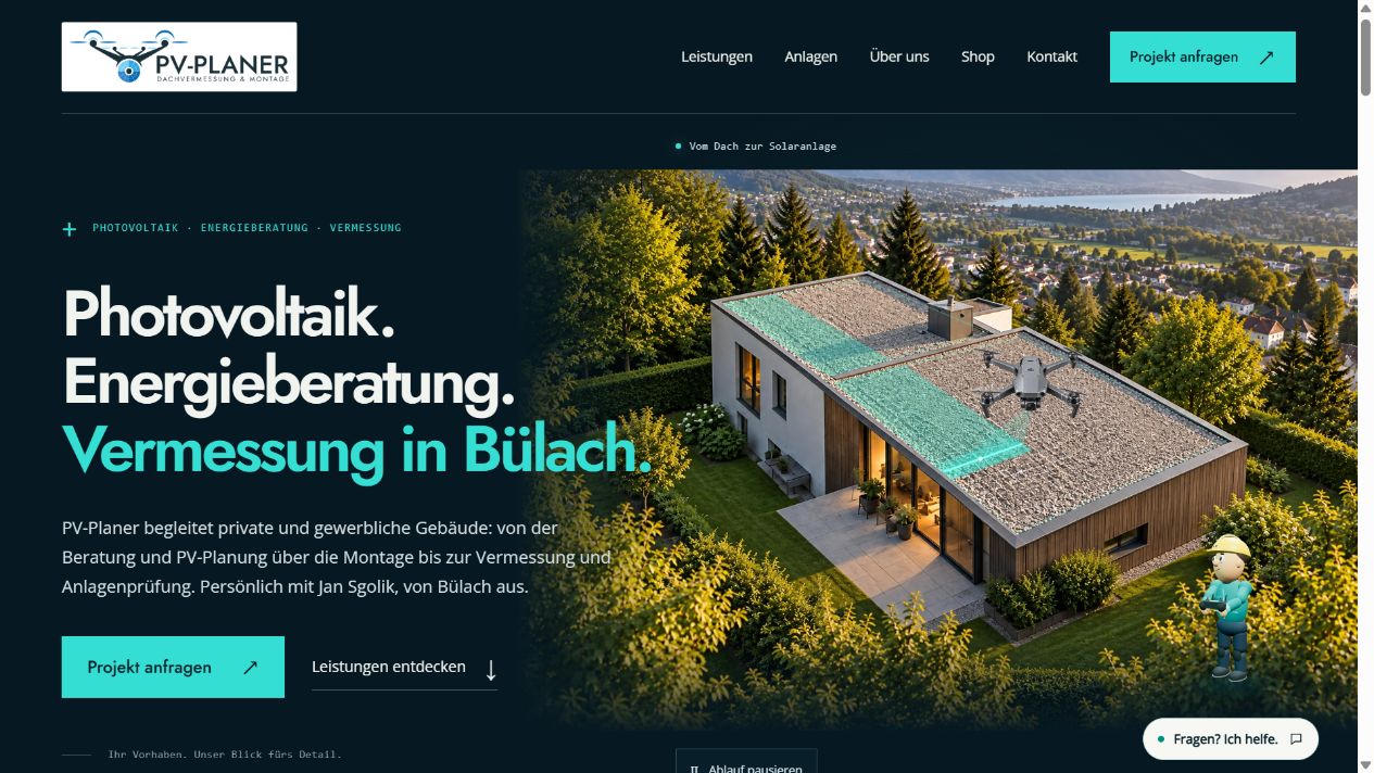 Aufnahme der PV-Planer-Website mit Leistungsübersicht, klarem Projekteinstieg und eigener Gestaltung